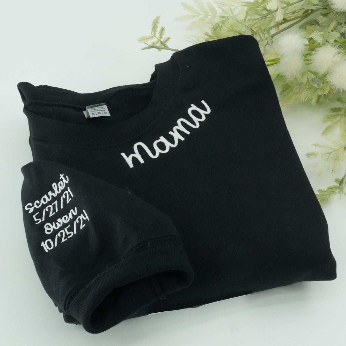 Custom Embroidered Mama Neckline Sweatshirt with Kids Names - Personalized Mom Gift