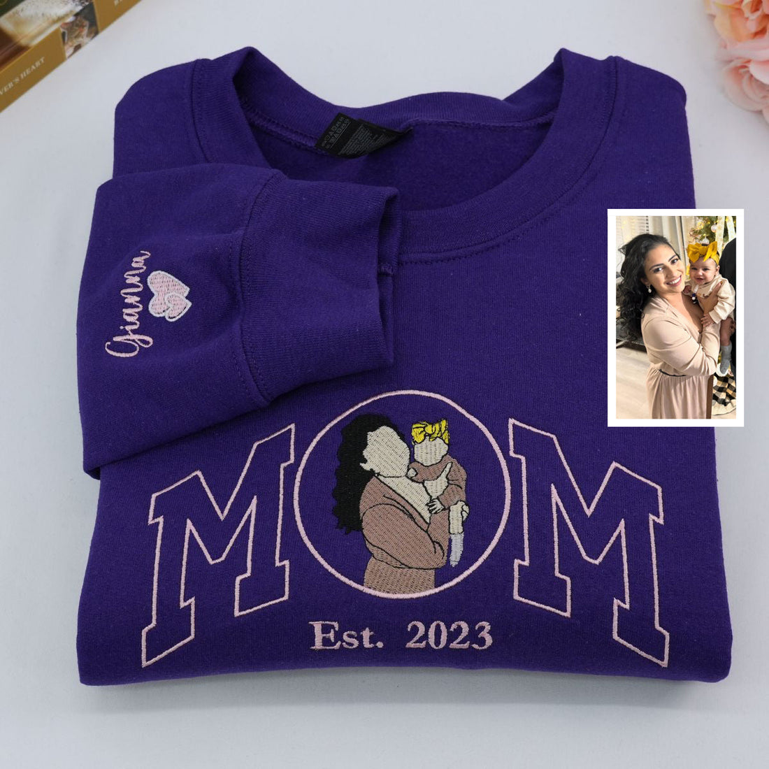 Custom Embroidered Mom Family Portrait Hoodie - Personalized Mother's Day Gift