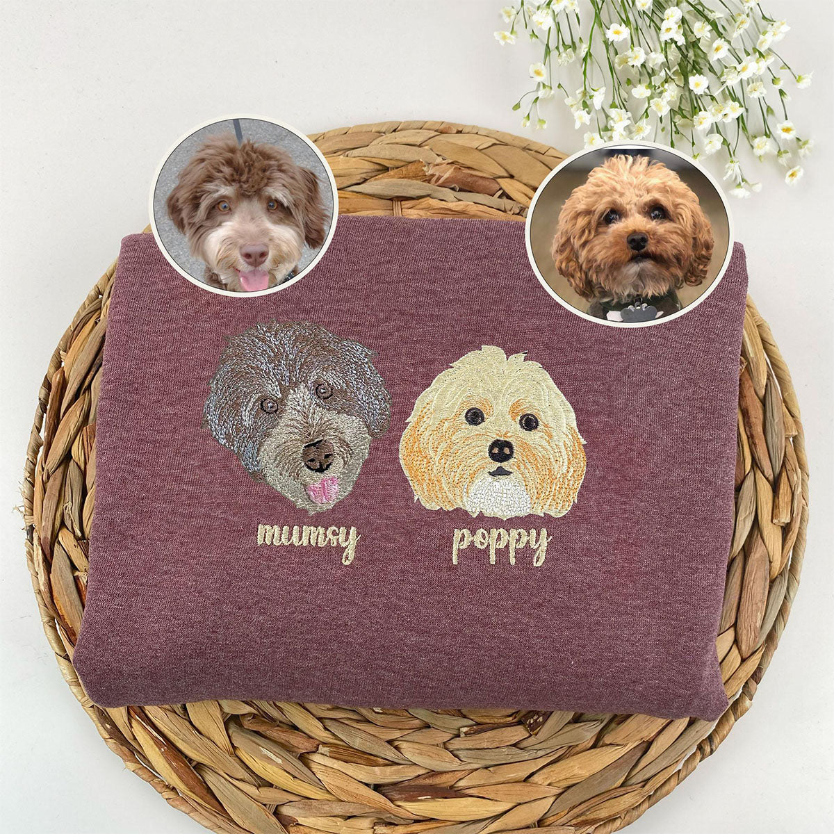 Custom Embroidered Pet Portrait Hoodie with Name - Personalized Dog Cat Lover Gift
