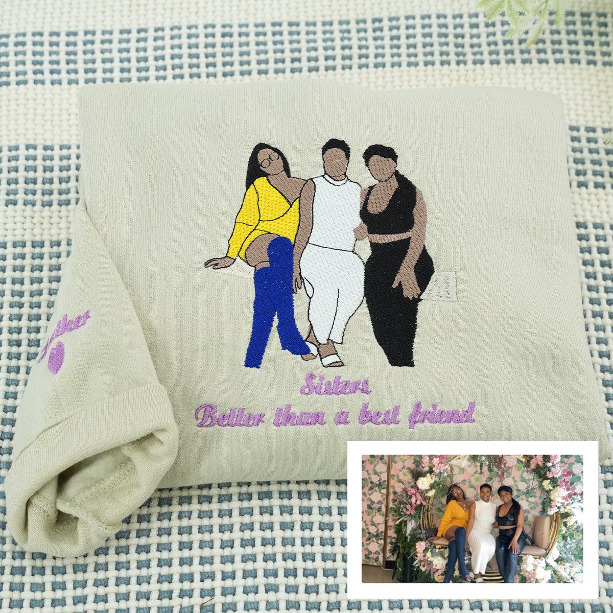 Custom Embroidered Sister Full Color Portrait Hoodie - Personalized Photo Gift