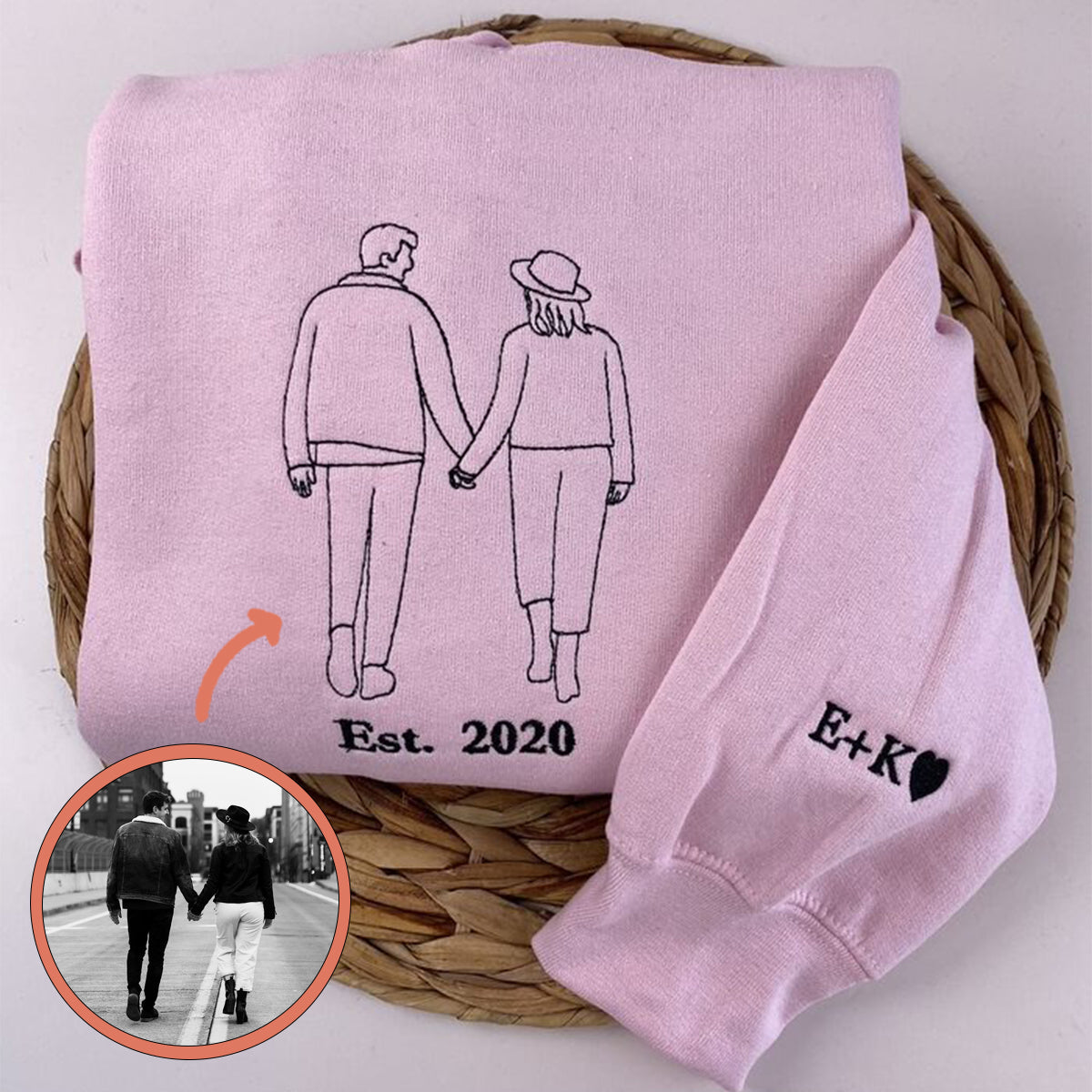 Custom Embroidered Roman Numeral Hoodie with Couple Portrait Outline - Relationship Gift