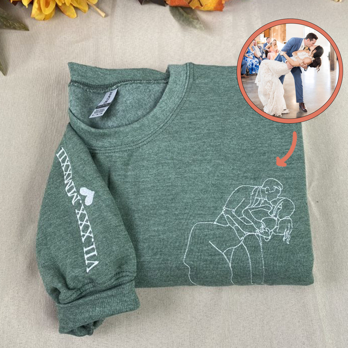 Custom Embroidered Roman Numeral Hoodie with Couple Portrait Outline - Relationship Gift