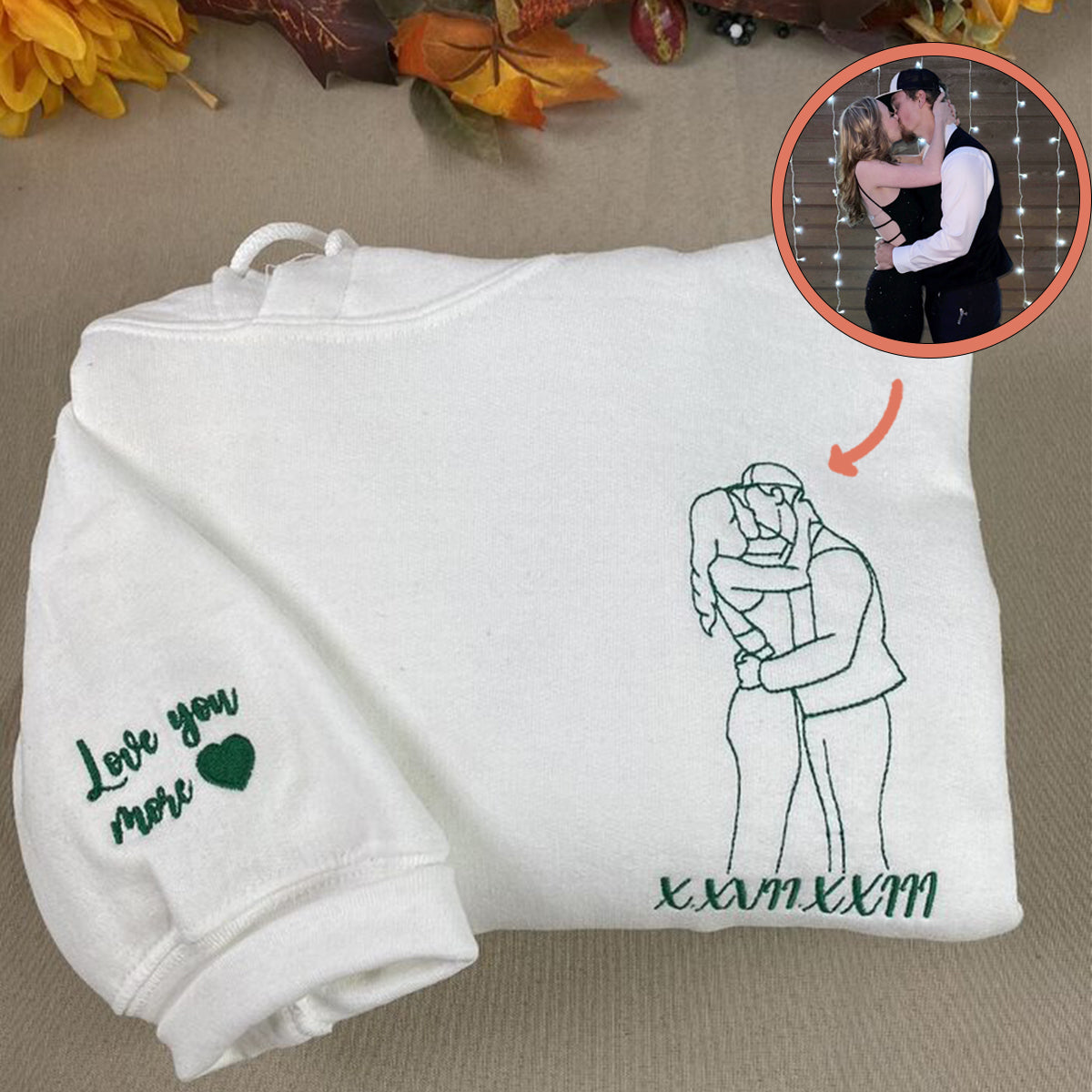 Custom Embroidered Roman Numeral Hoodie with Couple Portrait Outline - Relationship Gift