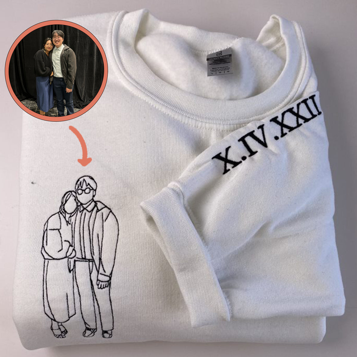 Custom Embroidered Roman Numeral Hoodie with Couple Portrait Outline - Relationship Gift