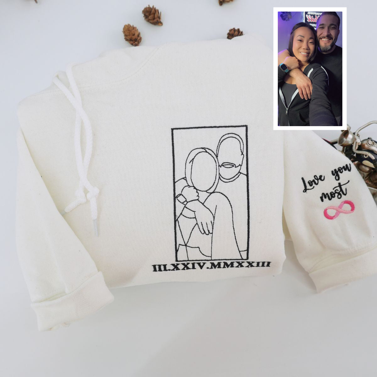 Custom Embroidered Roman Numeral Hoodie with Couple Portrait Outline - Relationship Gift
