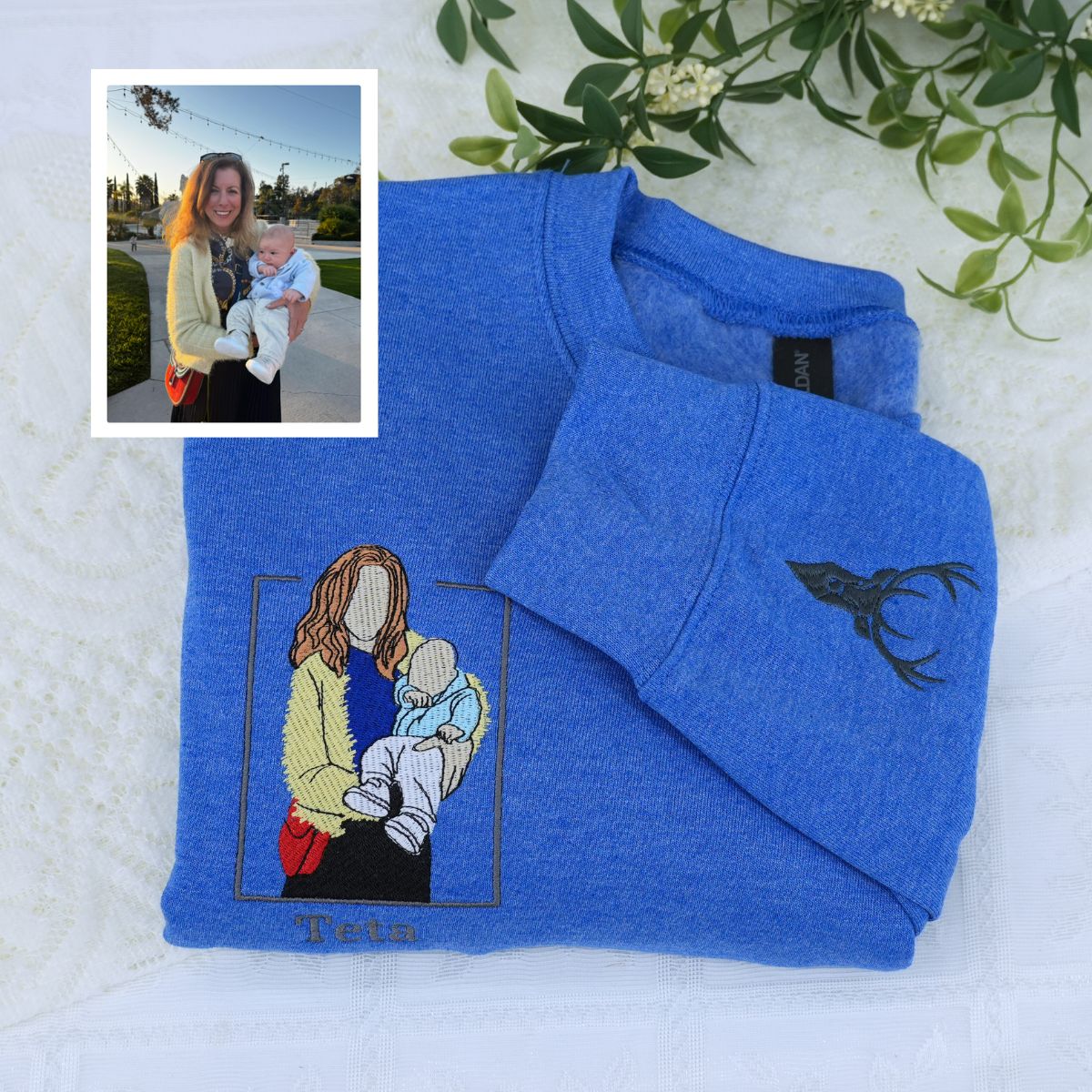 Custom Embroidered Mother & Son Portrait Hoodie - Personalized Photo Gift