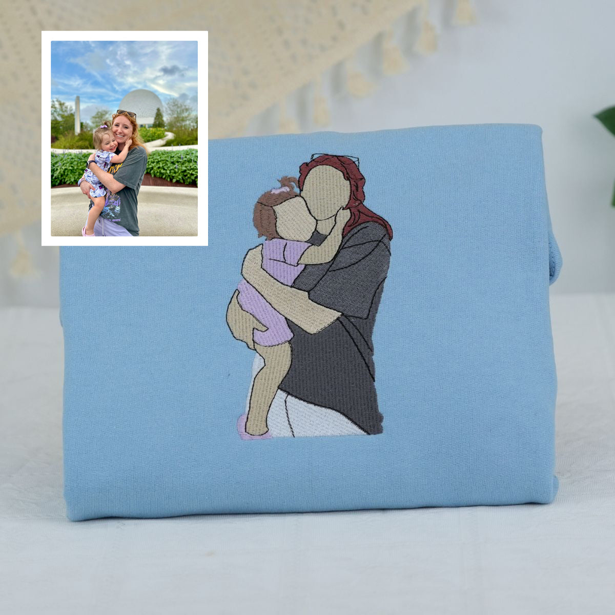 Custom Embroidered Mother & Son Portrait Hoodie - Personalized Photo Gift