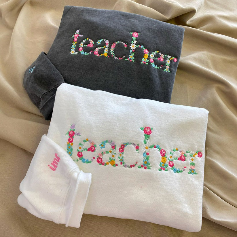 Custom Embroidered Teacher Hoodie with Floral Letter - Personalized Teacher Gift