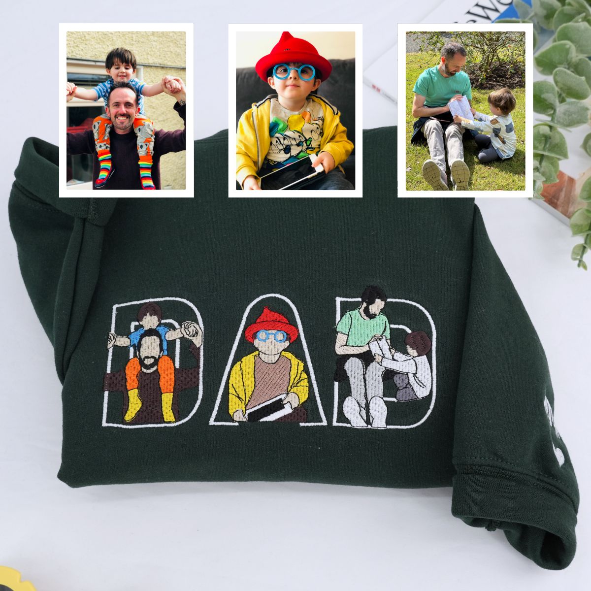 Custom Embroidered Dad Memorial Hoodie with Kid Portrait Photo - Memorial Gift