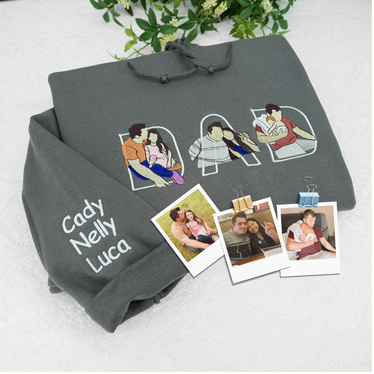 Custom Embroidered Dad Memorial Hoodie with Kid Portrait Photo - Memorial Gift