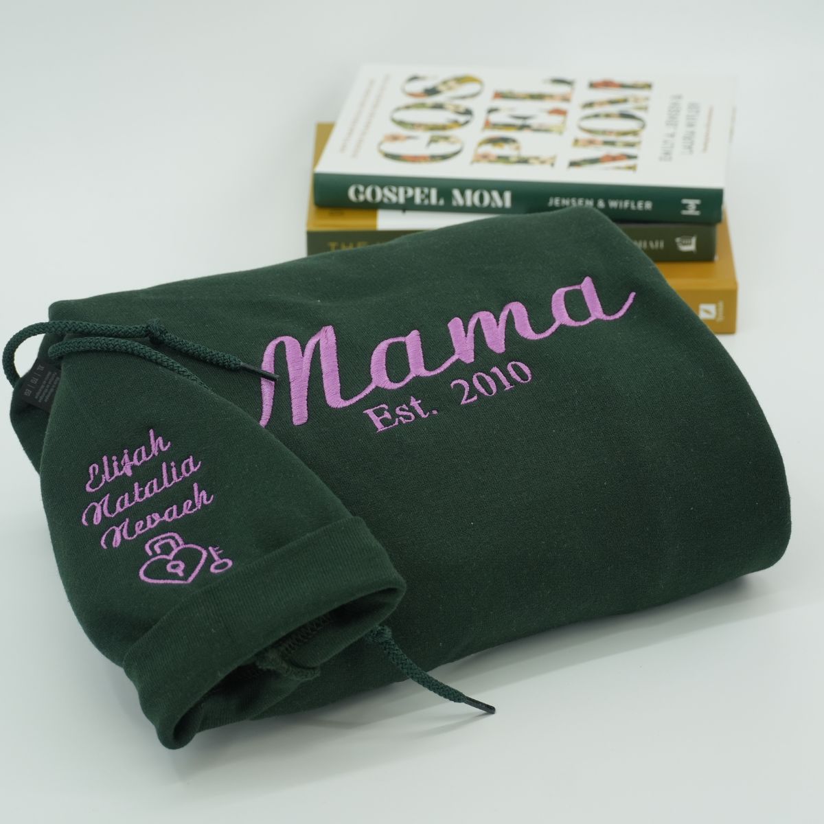 Custom Embroidered Mom Hoodie with Kids Names on Sleeve - Mother's Day Gift